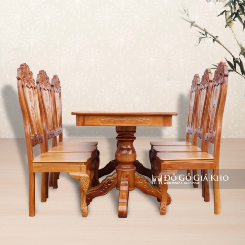 Bàn Ăn Gỗ Căm Xe Mặt Gõ Đỏ Bánh Tây 6 Ghế