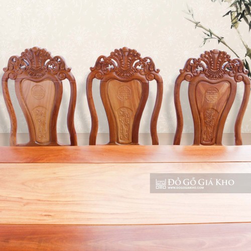 Bàn Ăn Gỗ Căm Xe Mặt Gõ Đỏ Bánh Tây 6 Ghế