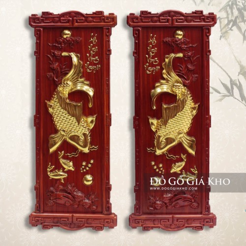 Tranh Gỗ Hương Mạ Vàng Lý Ngư Vọng Nguyệt 41x104cm