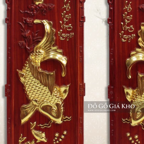 Tranh Gỗ Hương Mạ Vàng Lý Ngư Vọng Nguyệt 41x104cm