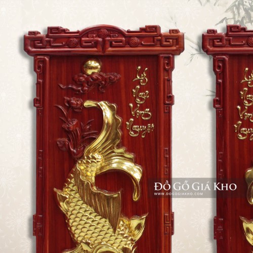 Tranh Gỗ Hương Mạ Vàng Lý Ngư Vọng Nguyệt 41x104cm