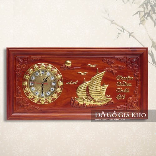 Tranh Gỗ Hương Kèm Đồng Hồ Thuận Buồm Xuôi Gió Kiểu Ngang