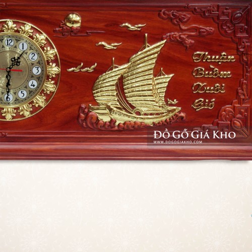 Tranh Gỗ Hương Kèm Đồng Hồ Thuận Buồm Xuôi Gió Kiểu Ngang