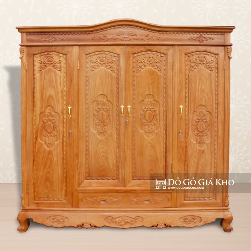 Tủ Áo Gỗ Gõ Chạm Hoa Văn 4 Cánh