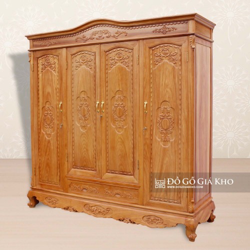 Tủ Áo Gỗ Gõ Chạm Hoa Văn 4 Cánh