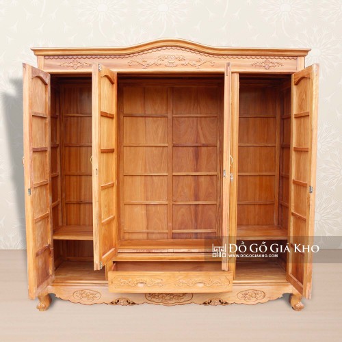 Tủ Áo Gỗ Gõ Chạm Hoa Văn 4 Cánh