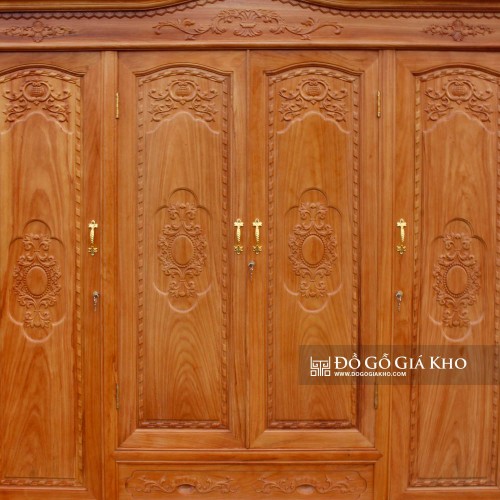 Tủ Áo Gỗ Gõ Chạm Hoa Văn 4 Cánh