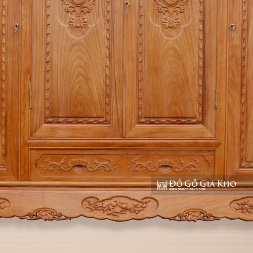 Tủ Áo Gỗ Gõ Chạm Hoa Văn 4 Cánh